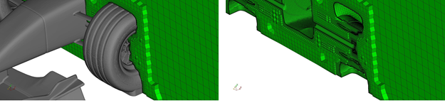 The volume mesh of the wheels and front suspension meshed by CF-MESH+