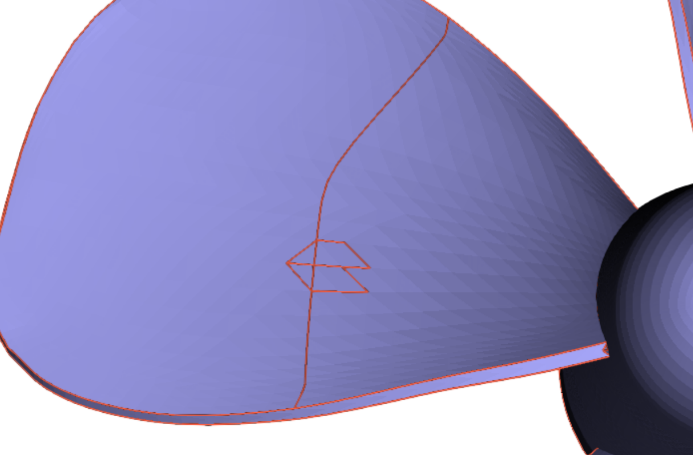 Propeller blade with unnecessary feature edges and the resulting volume mesh. The quality would be better if the edges were not there. 